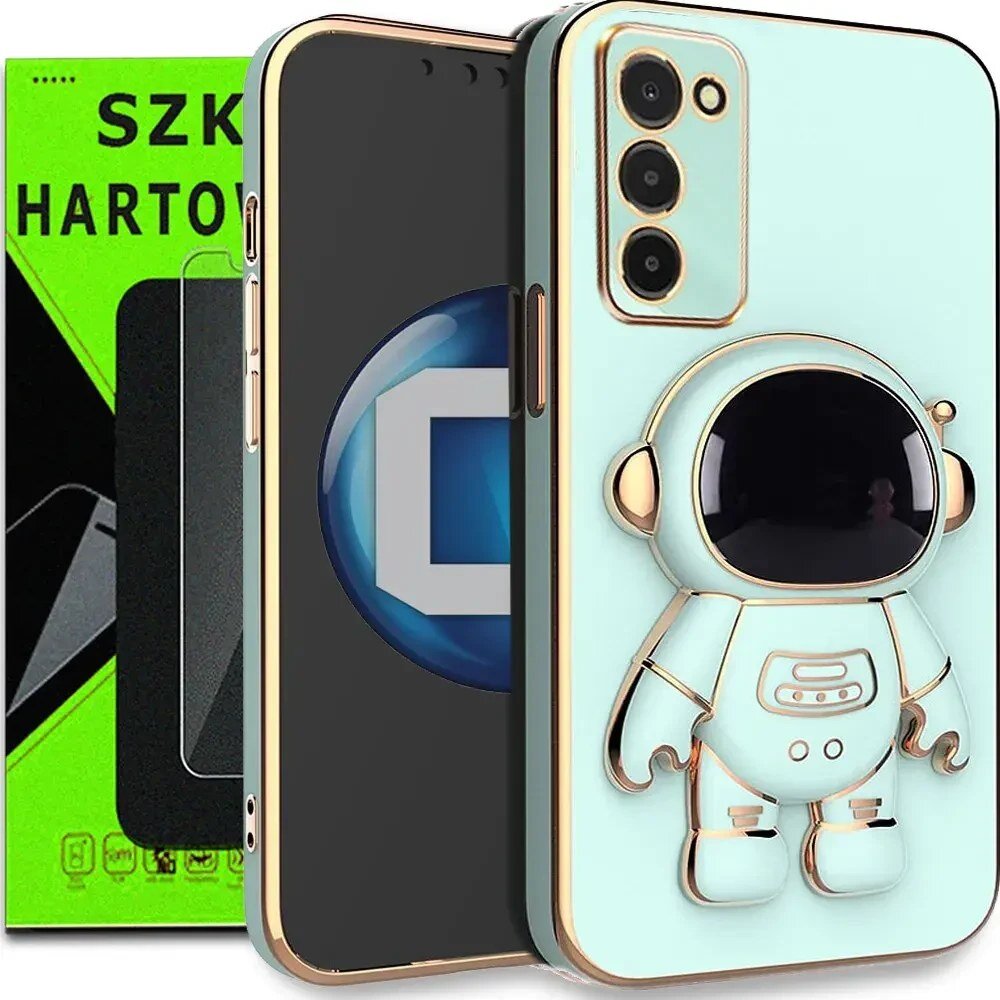 Na obrazie widoczne jest etui na telefon z motywem astronauty oraz opakowanie szkła hartowanego z napisem \'SZKLO HARTOWANE\'.