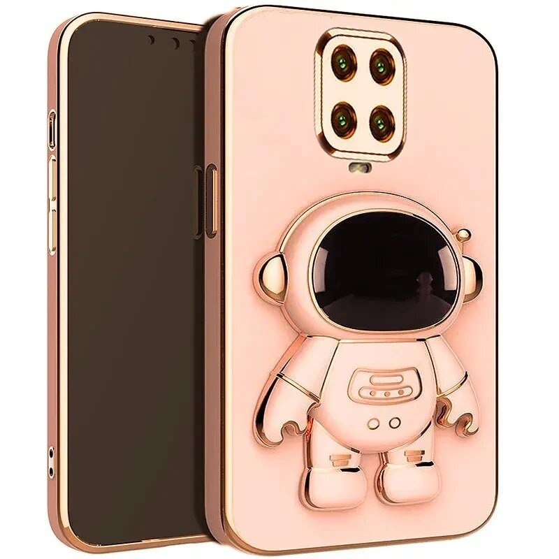 Etui na telefon w kolorze różowego złota z wytłoczonym wzorem astronauty. Posiada wycięcia na aparat i przyciski boczne.