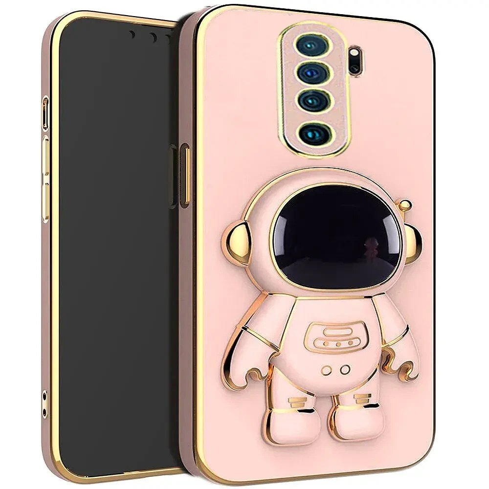 Etui na telefon w kolorze różowym z wytłoczonym wzorem astronauty i złotymi akcentami wokół krawędzi oraz otworów na aparat.
