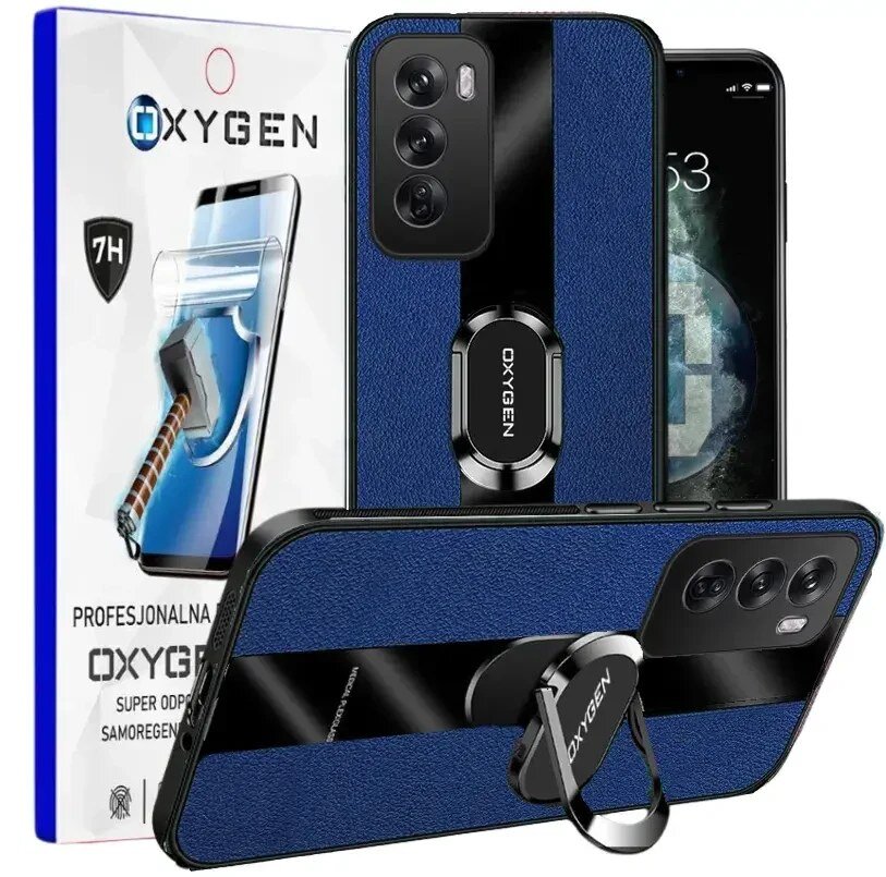Na obrazie widoczne jest etui na telefon w kolorze niebieskim z czarnym paskiem i uchwytem z napisem \'OXYGEN\'. W tle znajduje się opakowanie z grafiką telefonu i tekstem \'PROFESJONALNA OCHRONA OXYGEN SUPER ODPORNA SAMOREGENERUJĄCA\'.
