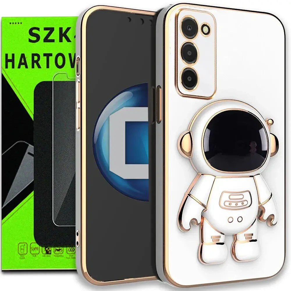 Na obrazie widoczne jest etui na telefon z motywem astronauty oraz opakowanie szkła hartowanego z napisem \'SZKLO HARTOWANE\'.