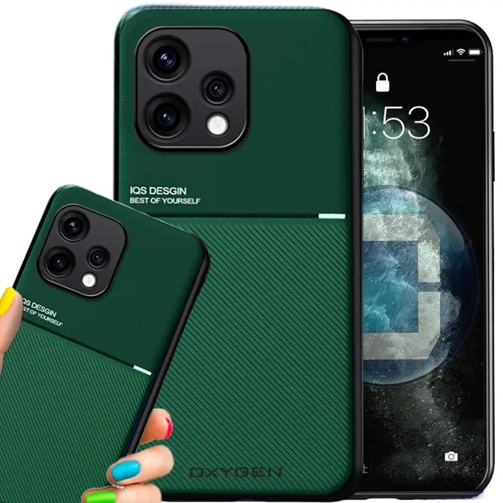 Obraz przedstawia zielone etui na telefon z trzema aparatami i napisem \'IQS DESIGN BEST OF YOURSELF\'. Obok znajduje się telefon z wyświetlaczem pokazującym godzinę 1:53.