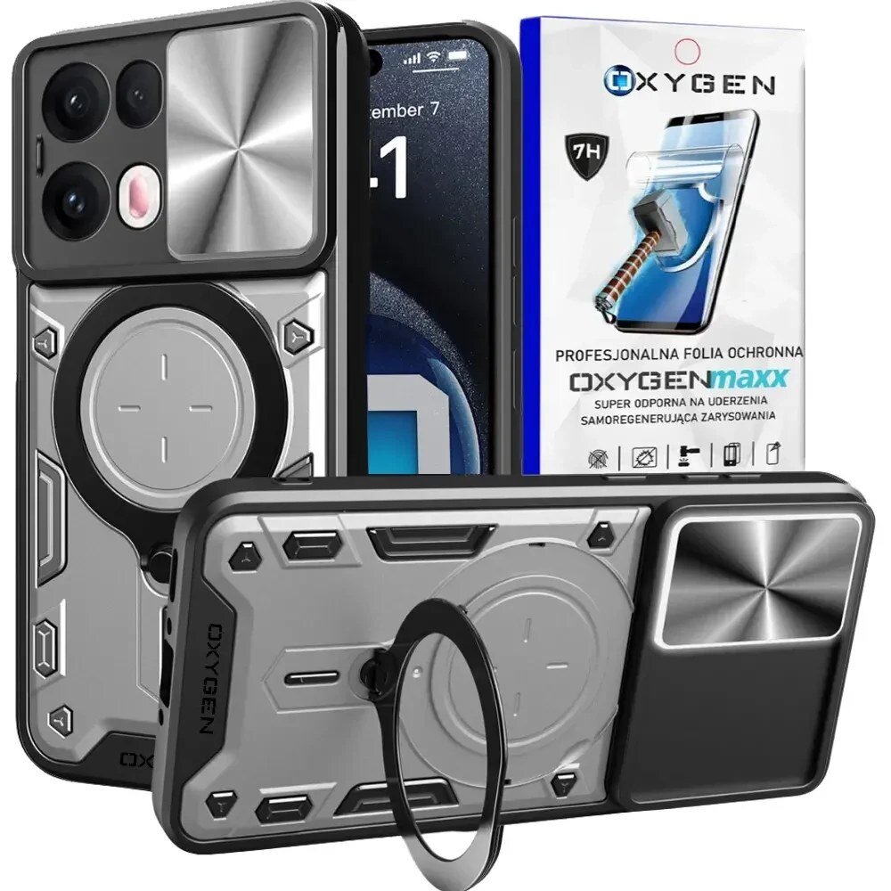 Obraz przedstawia etui na telefon z metalicznymi elementami oraz opakowanie folii ochronnej z napisem \'OXYGENmaxx\'. Etui ma okrągły uchwyt i widoczne logo \'OXYGEN\'.