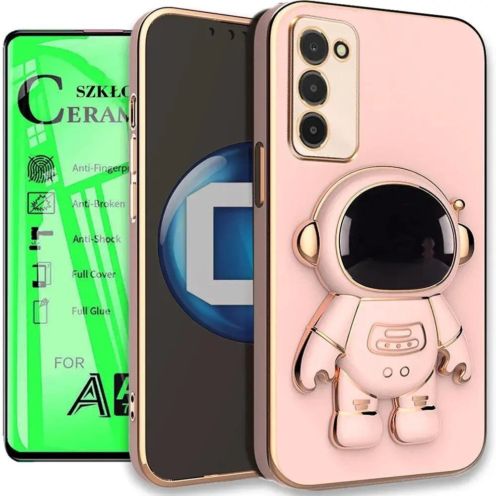 Obraz przedstawia różowe etui na telefon z wizerunkiem astronauty oraz zielone opakowanie szkła ceramicznego z napisami: \'SZKŁO CERAMICZNE\', \'Anti-Fingerprint\', \'Anti-Broken\', \'Anti-Shock\', \'Full Cover\', \'Full Glue\'.