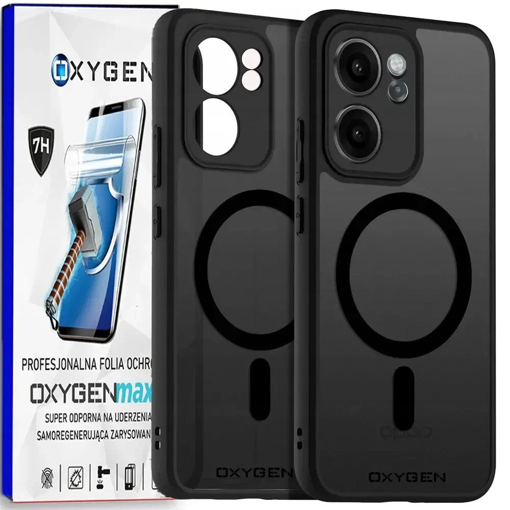 Na obrazie widoczne jest czarne etui na telefon z okrągłym wzorem oraz opakowanie z napisem \'OXYGENmax\' i grafiką młotka uderzającego w ekran. Opakowanie zawiera tekst: \'PROFESJONALNA FOLIA OCHRONNA\', \'SUPER ODPORNA NA UDERZENIA\', \'SAMOREGENERUJĄCA ZARYSOWANIA\'.