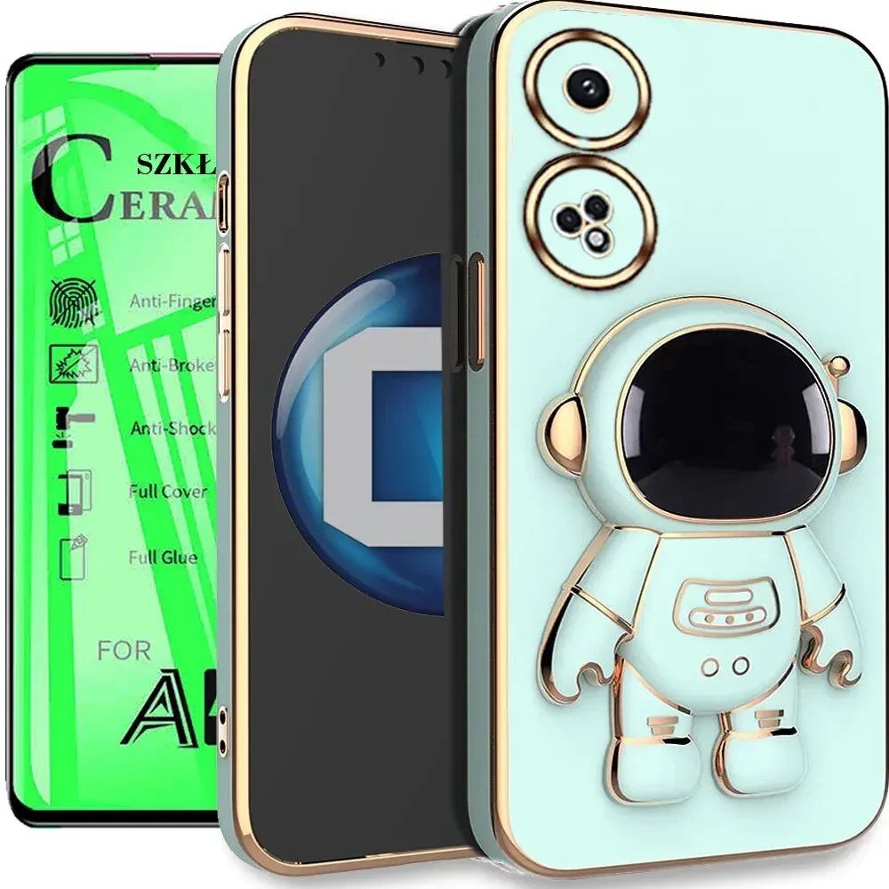 Na obrazie widoczne jest etui na telefon z motywem astronauty oraz zielone opakowanie szkła ceramicznego z tekstem: \'SZKŁO CERAMICZNE\'.