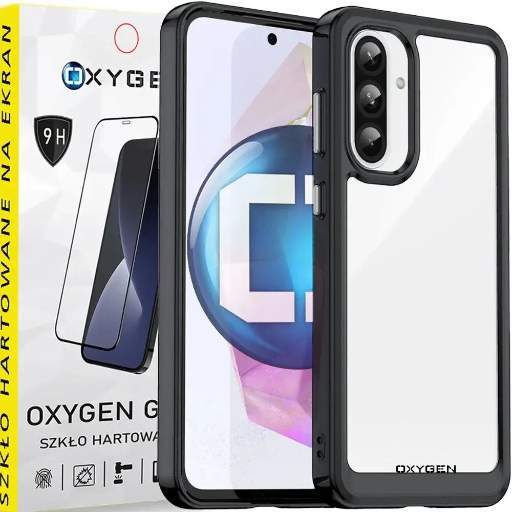 Obraz przedstawia etui na telefon z przezroczystym tyłem i czarnymi krawędziami, obok znajduje się opakowanie z napisem \'OXYGEN GEAR SZKŁO HARTOWANE NA EKRAN\'.