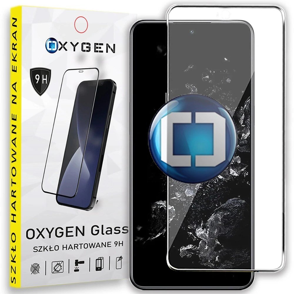 Obraz przedstawia opakowanie produktu OXYGEN Glass z napisem \'SZKŁO HARTOWANE 9H\' oraz szkło hartowane na ekran telefonu. Na ekranie telefonu widoczny jest niebieski symbol z białymi elementami.