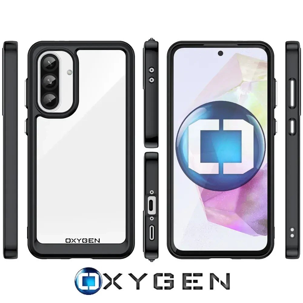 Obraz przedstawia etui na telefon z przezroczystym tyłem i czarnymi krawędziami, z widocznym logo \'OXYGEN\'. Obok znajduje się telefon z kolorowym ekranem i logo OXYGEN na dole.