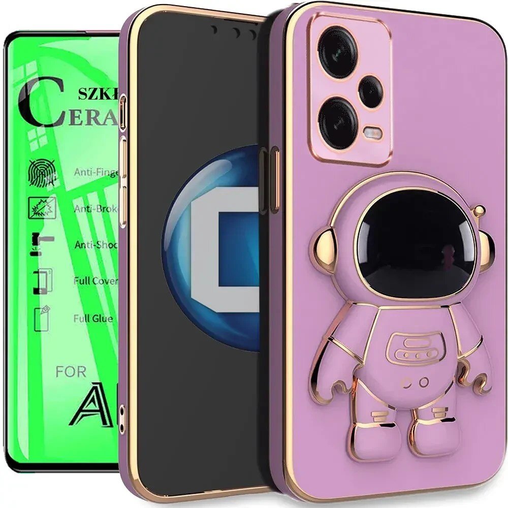 Na obrazie widoczne jest fioletowe etui na telefon z wizerunkiem astronauty oraz zielone opakowanie szkła ceramicznego z napisami: \'SZKŁO CERAMICZNE\', \'Anti-Fingerprint\', \'Anti-Broken\', \'Anti-Shock\', \'Full Cover\', \'Full Glue\'.