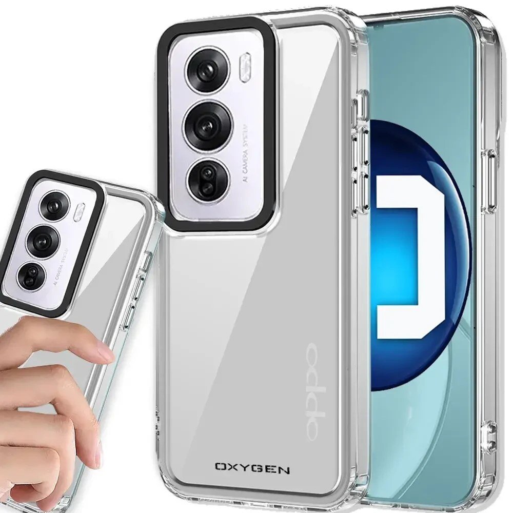 Przezroczyste etui na telefon z widocznym napisem \'OXYGEN\' oraz logo \'oppo\'. Etui jest dopasowane do modelu telefonu z trzema obiektywami aparatu.
