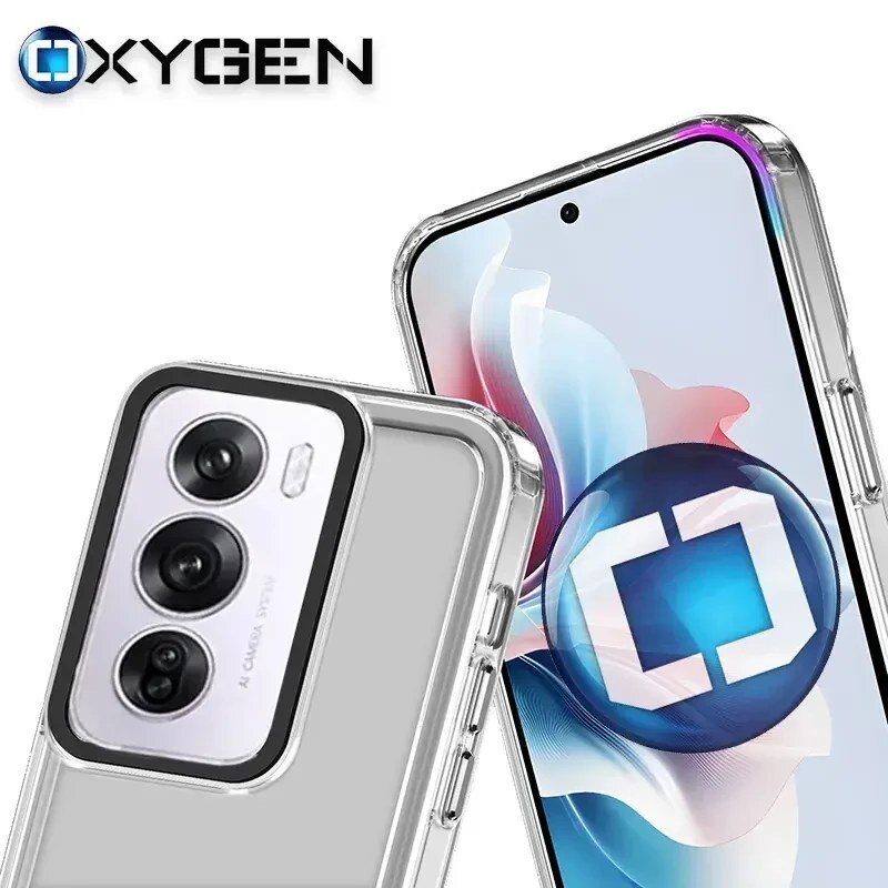 Obraz przedstawia przezroczyste etui na telefon z trzema widocznymi obiektywami aparatu. W lewym górnym rogu znajduje się logo \'OXYGEN\'.