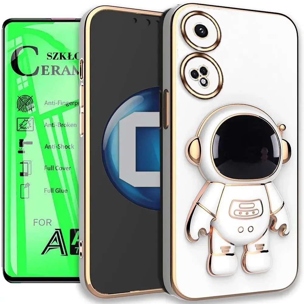 Etui na telefon z motywem astronauty w kolorze białym z elementami złotymi oraz szkło ceramiczne z napisem \'SZKŁO CERAMICZNE\' i ikonami wskazującymi na właściwości takie jak \'Anti-Fingerprint\', \'Anti-Broken\', \'Anti-Shock\', \'Full Cover\', \'Full Glue\'.