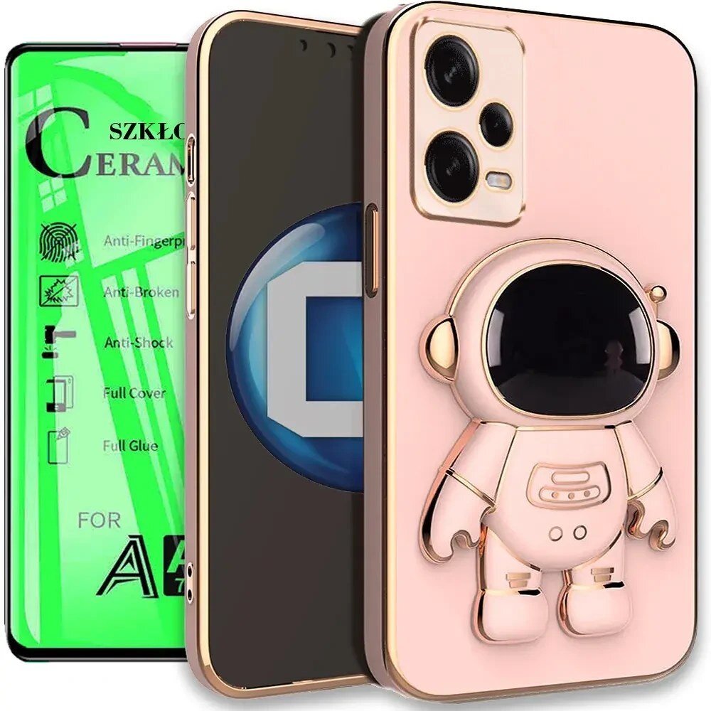 Obraz przedstawia etui na telefon z motywem astronauty oraz szkło ceramiczne z napisem \'SZKŁO CERAMICZNE\'. Etui ma różowy kolor z wycięciami na aparat, a szkło ceramiczne posiada oznaczenia takie jak \'Anti-Fingerprint\', \'Anti-Broken\', \'Anti-Shock\', \'Full Cover\', \'Full Glue\'.