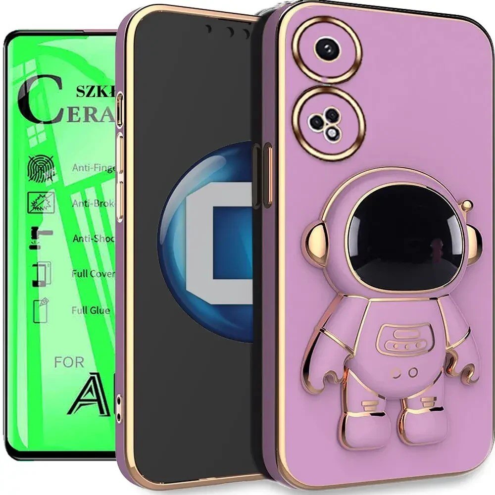 Na obrazie widoczne jest etui na telefon w kolorze fioletowym z motywem astronauty oraz szkło ceramiczne z napisem \'SZKLO CERAMIC\'.