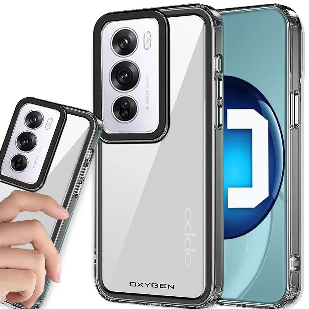 Przezroczyste etui na telefon z czarnymi krawędziami, widoczne logo \'OXYGEN\' i napis \'oppo\'.