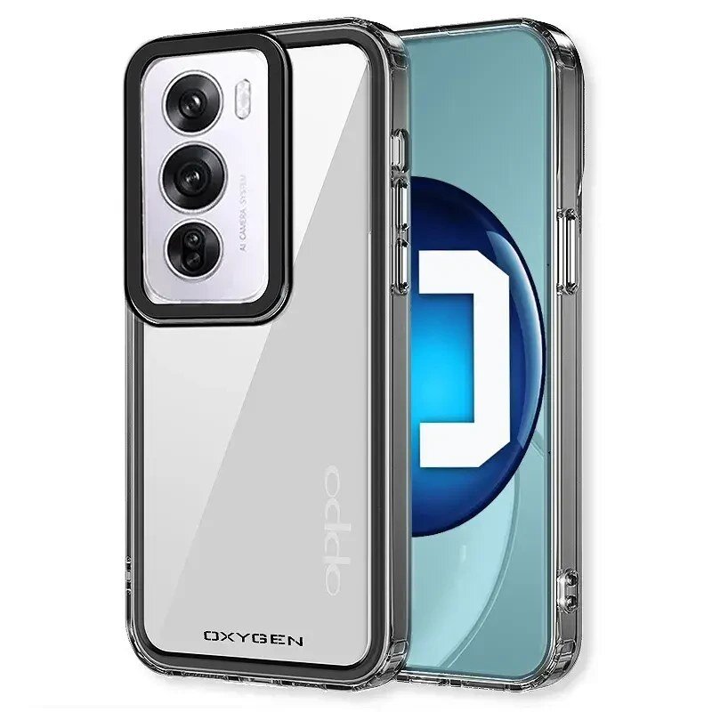 Przezroczyste etui na telefon z czarnymi krawędziami, widoczne napisy \'OXYGEN\' i \'oppo\'.