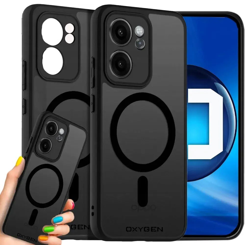 Na obrazie widoczne są trzy czarne etui na telefon z okrągłym wzorem, oznaczone napisem \'OXYGEN\'. W tle znajduje się ekran telefonu z niebieskim motywem graficznym.