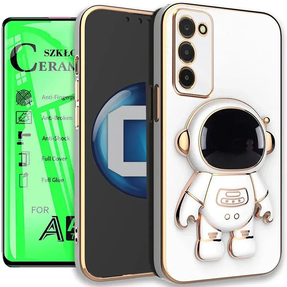 Etui na telefon z motywem astronauty w kolorze białym z elementami złotymi, obok widoczne szkło ceramiczne z napisami: \'Anti-Fingerprint\', \'Anti-Broken\', \'Anti-Shock\', \'Full Cover\', \'Full Glue\'.