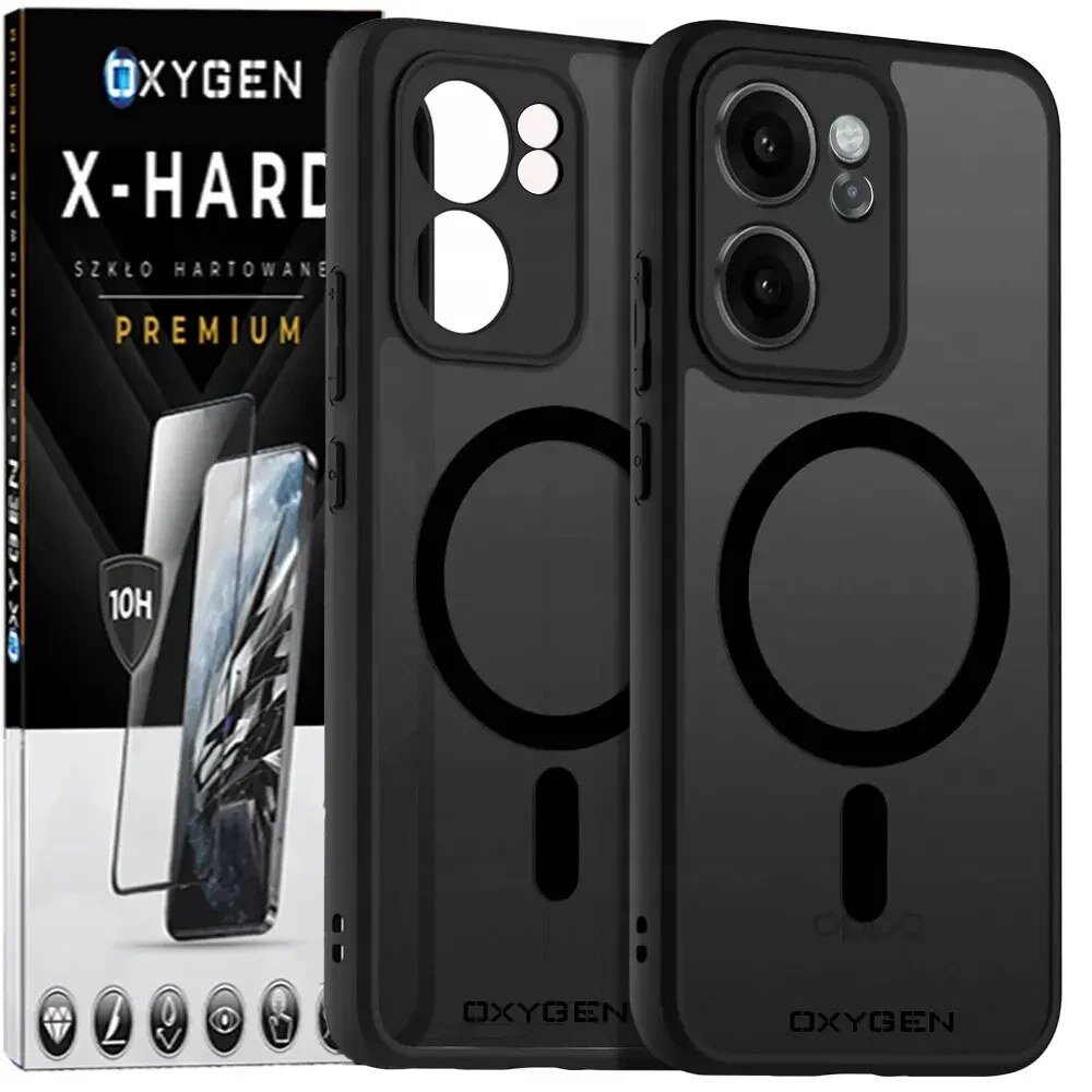 Na obrazie widoczne są dwa czarne etui na telefon z okrągłym wzorem oraz opakowanie szkła hartowanego z napisem \'OXYGEN X-HARD PREMIUM\'.