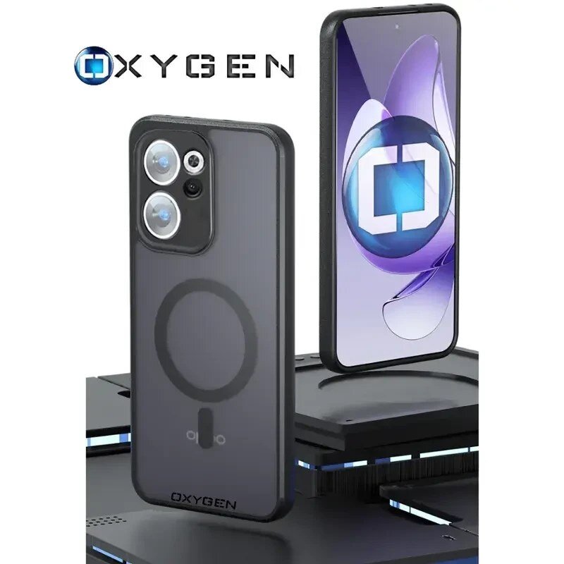 Obraz przedstawia etui na telefon z logo \'OXYGEN\', z widocznym okrągłym wzorem na tylnej części. Obok etui znajduje się telefon z wyświetlaczem pokazującym abstrakcyjny wzór.