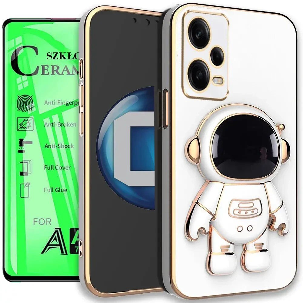 Na obrazie widoczne jest etui na telefon z motywem astronauty oraz opakowanie szkła ceramicznego z napisami: \'SZKŁO CERAMICZNE\', \'Anti-Fingerprint\', \'Anti-Broken\', \'Anti-Shock\', \'Full Cover\', \'Full Glue\'.