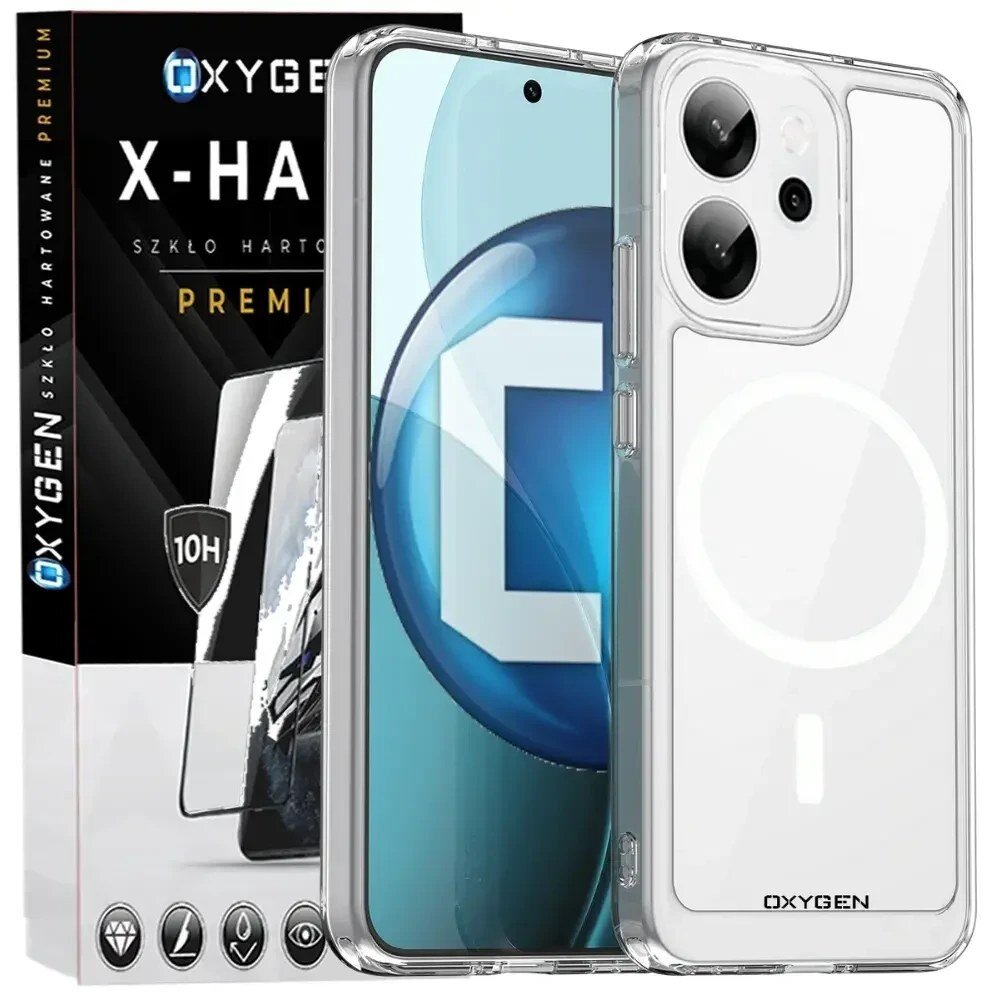 Na obrazie widoczne jest przezroczyste etui na telefon z napisem \'OXYGEN\' oraz opakowanie z napisem \'OXYGEN X-HARD SZKŁO HARTOWANE PREMIUM\'.