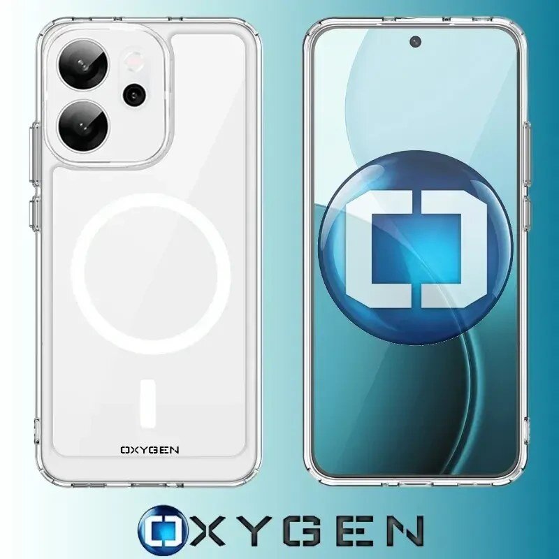 Obraz przedstawia przezroczyste etui na telefon z widocznym logo OXYGEN oraz okrągłym wzorem sugerującym kompatybilność z MagSafe. Obok znajduje się telefon z wyświetlaczem, na którym widnieje niebieskie logo OXYGEN.