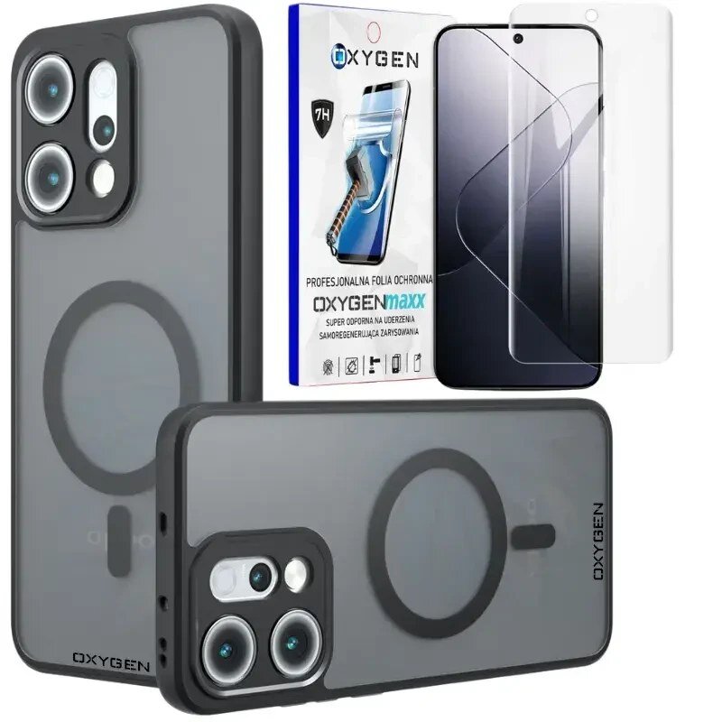 Na obrazie widoczne jest etui na telefon z napisem \'OXYGEN\' oraz zestaw folii ochronnych z opakowaniem oznaczonym jako \'OXYGENmaxx\'.