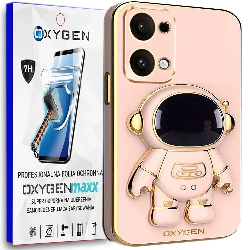 Na obrazie widoczne jest etui na telefon z motywem astronauty oraz opakowanie z napisem \'OXYGENmaxx\'. Opakowanie zawiera tekst: \'PROFESJONALNA FOLIA OCHRONNA\', \'SUPER ODPORNA NA UDERZENIA\', \'SAMOREGENERUJĄCA ZARYSOWANIA\'.