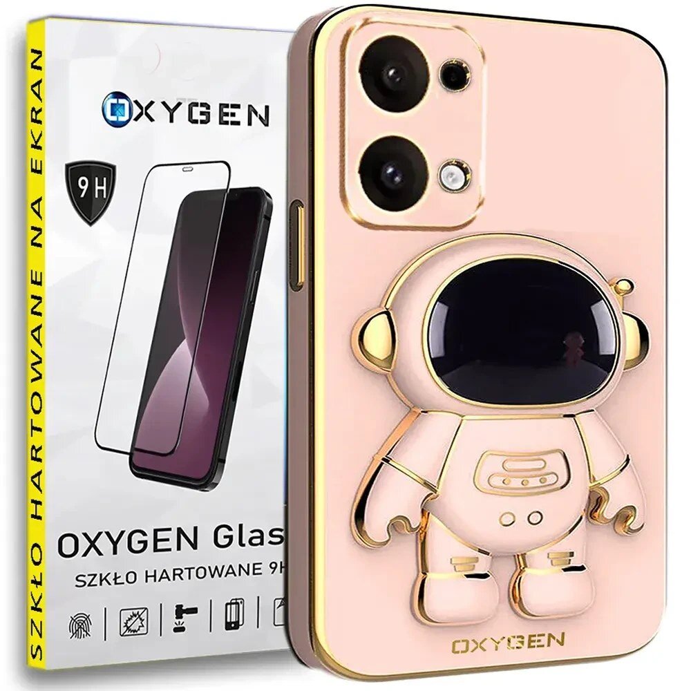 Na obrazie widoczne jest etui na telefon z motywem astronauty oraz opakowanie szkła hartowanego z napisem \'OXYGEN Glass Szkło Hartowane 9H\'.