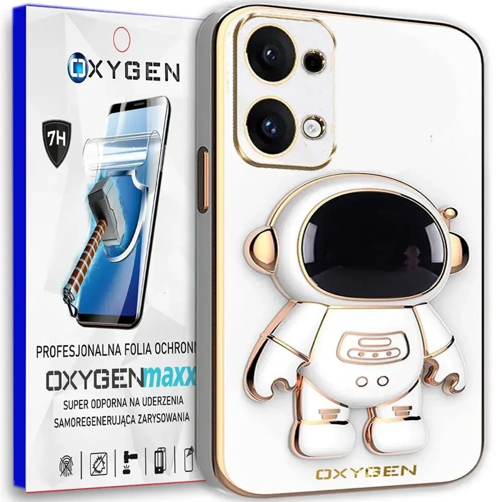 Obraz przedstawia etui na telefon z motywem astronauty oraz opakowanie z napisem \'OXYGENmaxx\'. Na opakowaniu widoczny jest tekst: \'PROFESJONALNA FOLIA OCHRONNA, SUPER ODPORNA NA UDERZENIA, SAMOREGENERUJĄCA ZARYSOWANIA\'.