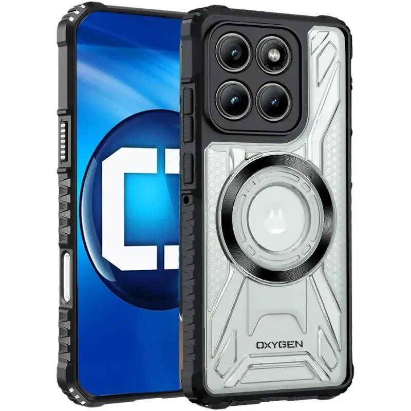 Obraz przedstawia etui na telefon z napisem \'OXYGEN\' oraz widocznym logo producenta. Etui ma przezroczystą tylną część z okrągłym wzorem i czarnymi krawędziami.