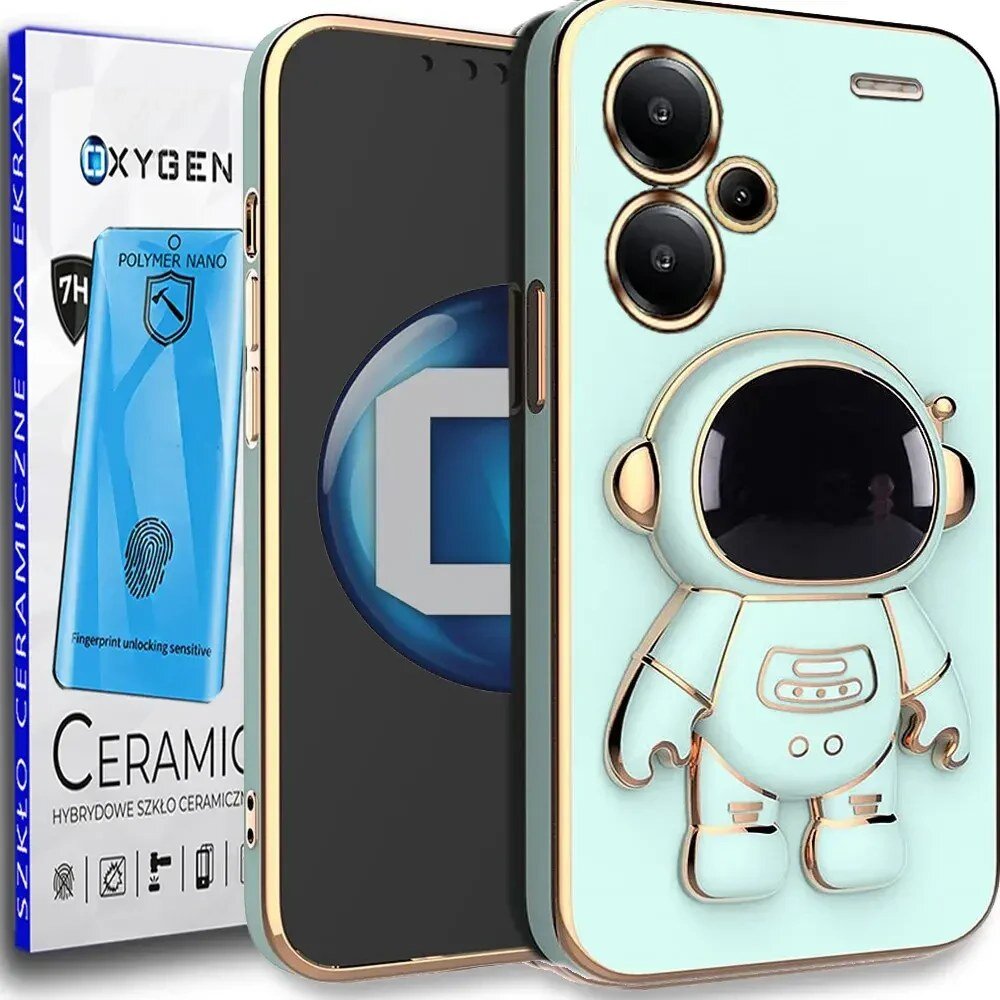 Na obrazie widoczne jest etui na telefon z motywem astronauty oraz opakowanie z napisem \'OXYGEN\' i \'CERAMIC\'.