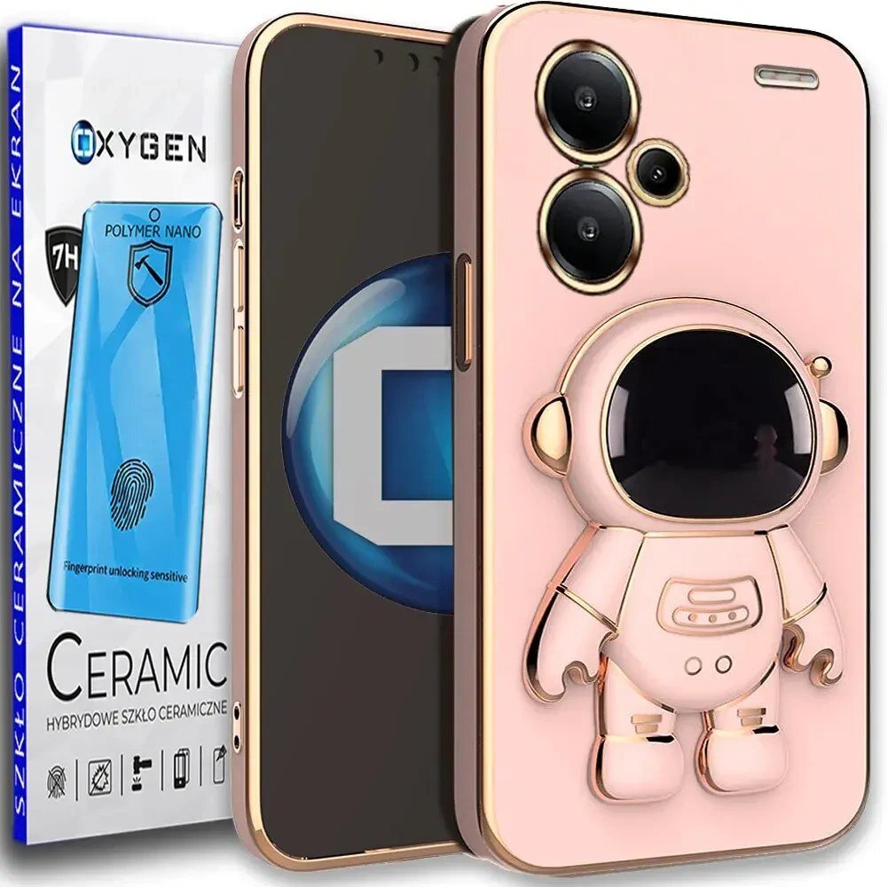 Na obrazie widoczne jest różowe etui na telefon z motywem astronauty oraz opakowanie z napisem \'OXYGEN\' i \'CERAMIC HYBRYDOWE SZKŁO CERAMICZNE\'.