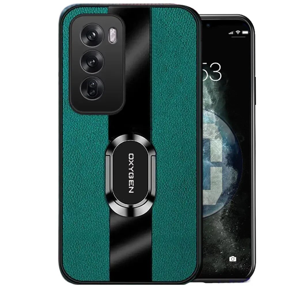 Etui na telefon w kolorze zielonym z czarnym paskiem i napisem \'OXYGEN\' na środku. Obok widoczny jest telefon z wyświetlaczem pokazującym godzinę 12:53.
