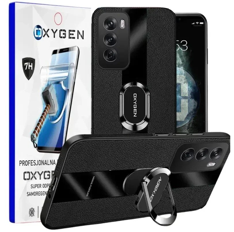 Na obrazie widoczne jest czarne etui na telefon z metalowym uchwytem, na którym znajduje się napis \'OXYGEN\'. W tle znajduje się opakowanie z napisem \'OXYGEN\' oraz grafiką przedstawiającą telefon z folią ochronną i symbolem młota.