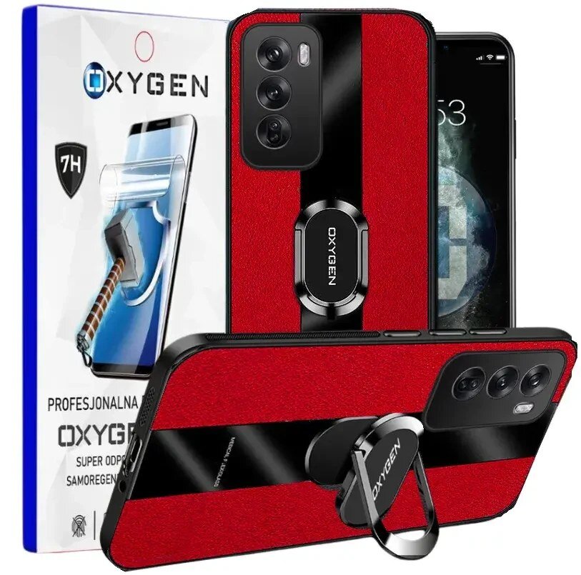 Na obrazie widoczne jest czerwone etui na telefon z czarnym paskiem i uchwytem z napisem \'OXYGEN\'. W tle znajduje się opakowanie z grafiką telefonu i tekstem \'PROFESJONALNA OCHRONA OXYGEN SUPER ODPORNA SAMOREGENERUJĄCA\'.