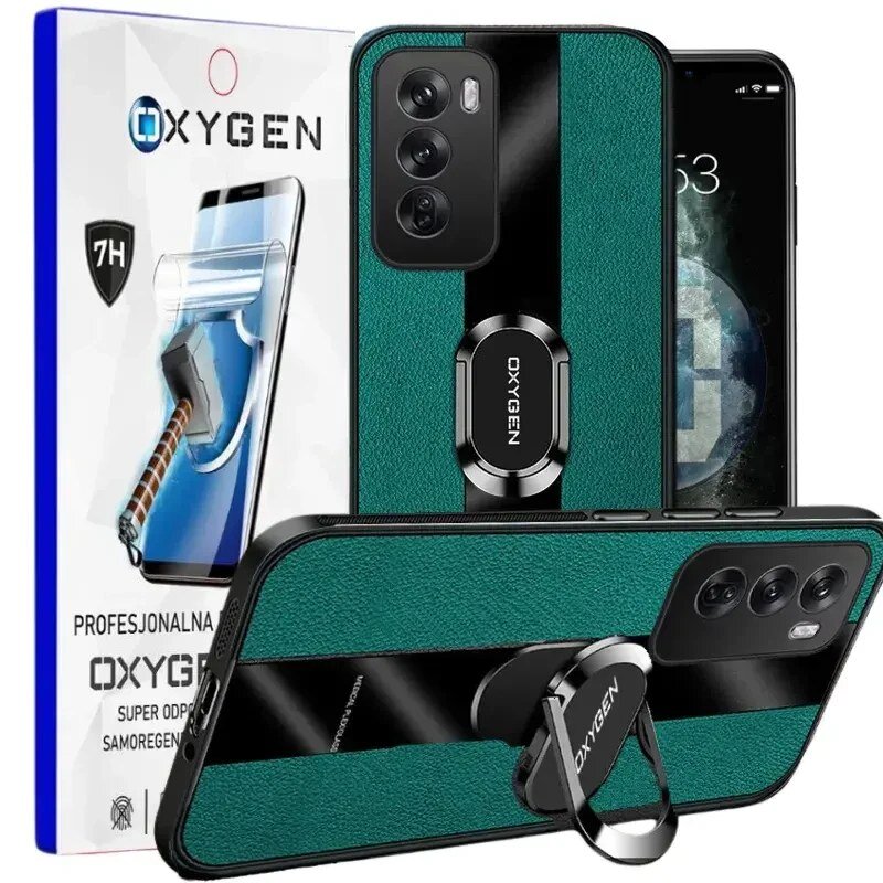 Na obrazie widoczne jest etui na telefon w kolorze zielonym z czarnym paskiem i uchwytem z napisem \'OXYGEN\'. W tle znajduje się opakowanie z grafiką młota i tekstem \'PROFESJONALNA OCHRONA OXYGEN SUPER ODPORNE SAMOREGENERUJĄCE\'.