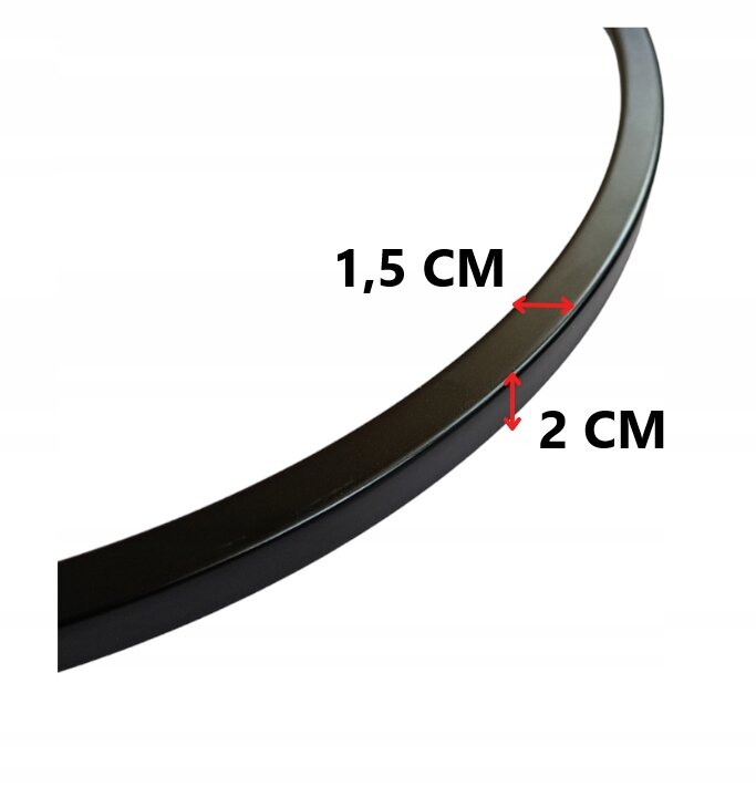 Czarna aluminiowa rama lustra o grubości 1,5 cm i szerokości 2 cm, z oznaczeniami wymiarów na obrazie.