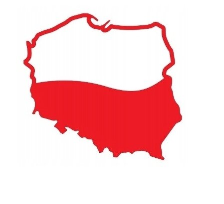 Obraz przedstawia kontur mapy Polski wypełniony czerwonym kolorem na dole i białym na górze.
