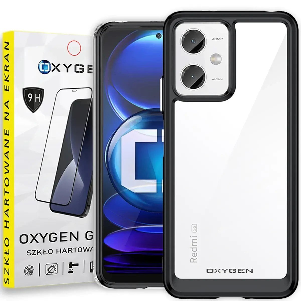 Na obrazie widoczne jest przezroczyste etui na telefon z czarnymi krawędziami oraz opakowanie szkła hartowanego z napisem \'OXYGEN GLASS SZKŁO HARTOWANE NA EKRAN\'.