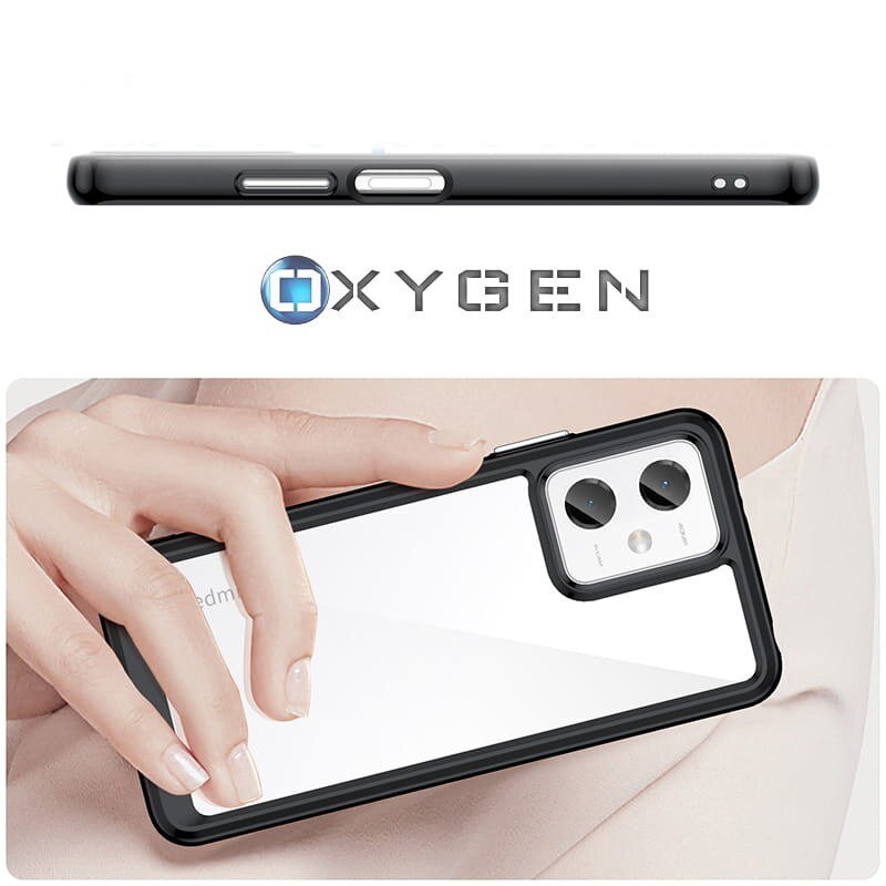 Obraz przedstawia etui na telefon z czarną ramką i przezroczystym tyłem, trzymane w dłoni. Widoczne jest logo \'OXYGEN\'.