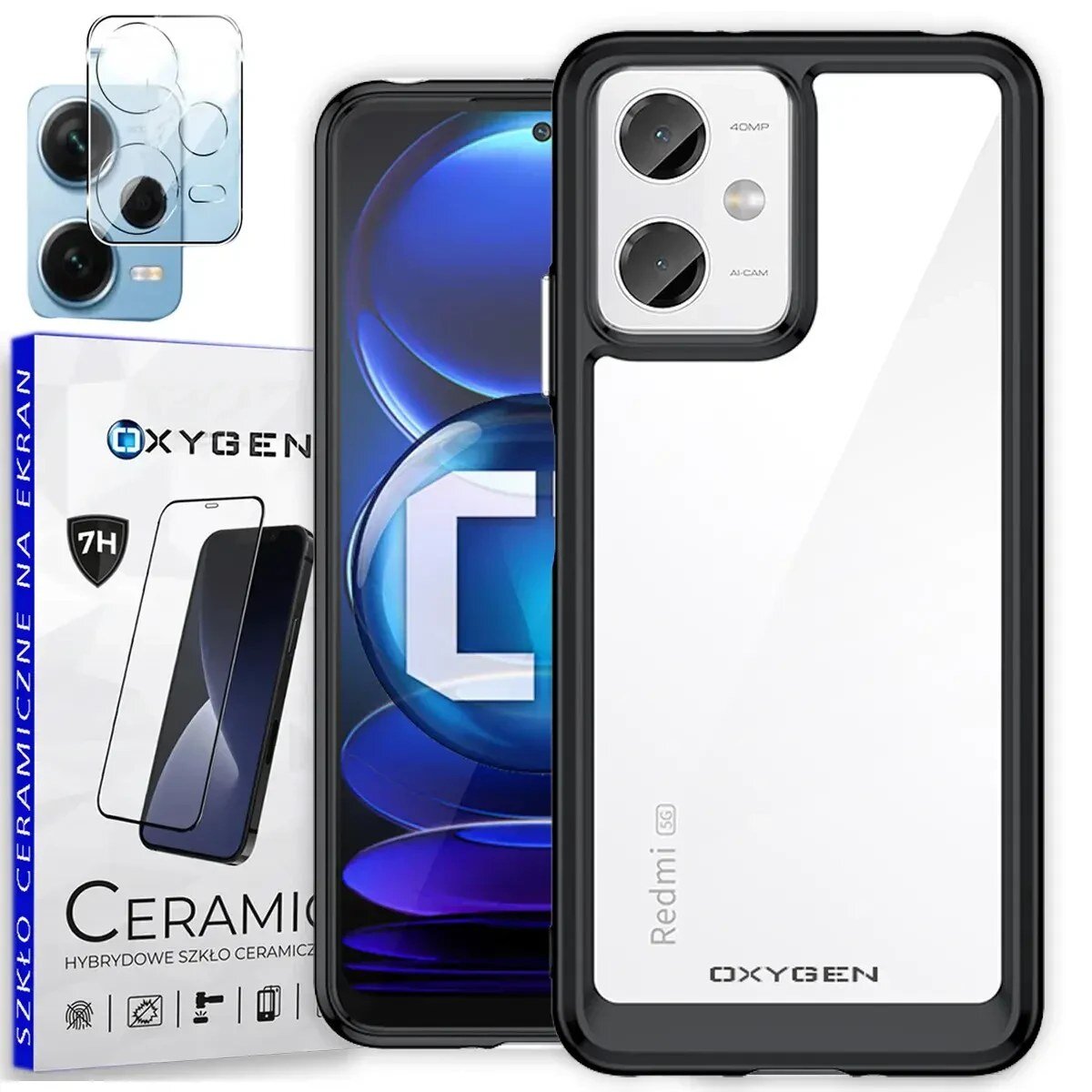 Obraz przedstawia etui na telefon z przezroczystym tyłem i czarnymi krawędziami, obok znajduje się opakowanie z napisem \'OXYGEN CERAMIC Hybrydowe szkło ceramiczne\'. Widoczny jest również telefon z wyświetlaczem oraz dodatkowe szkło ochronne na aparat.
