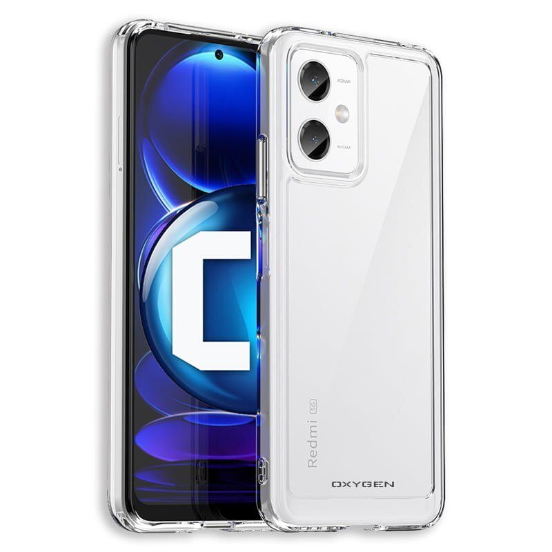 Przezroczyste etui na telefon z widocznym napisem \'OXYGEN\' oraz \'Redmi\'. Telefon w etui wyświetla niebieski ekran z dużą literą \'C\'.
