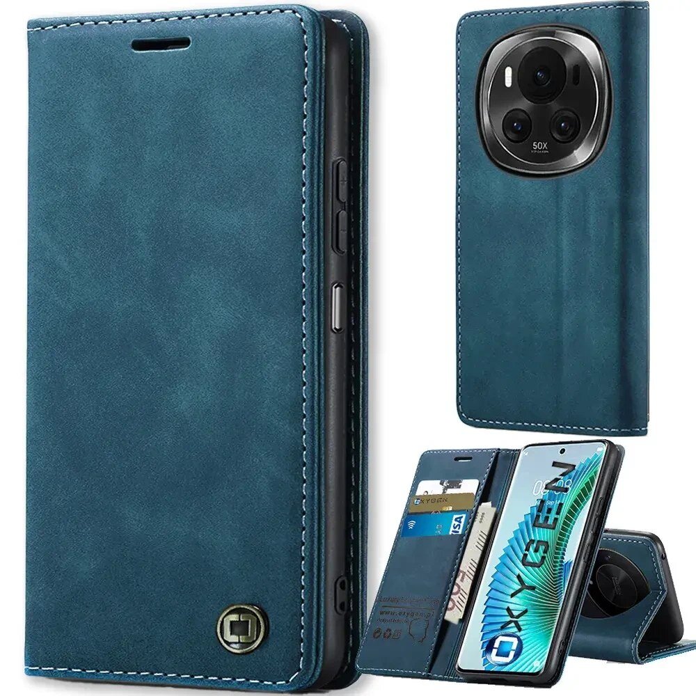 Etui na telefon w kolorze niebieskim z funkcją stojaka, posiada miejsce na karty oraz wycięcie na aparat. Na etui widoczne jest logo OXYGEN.