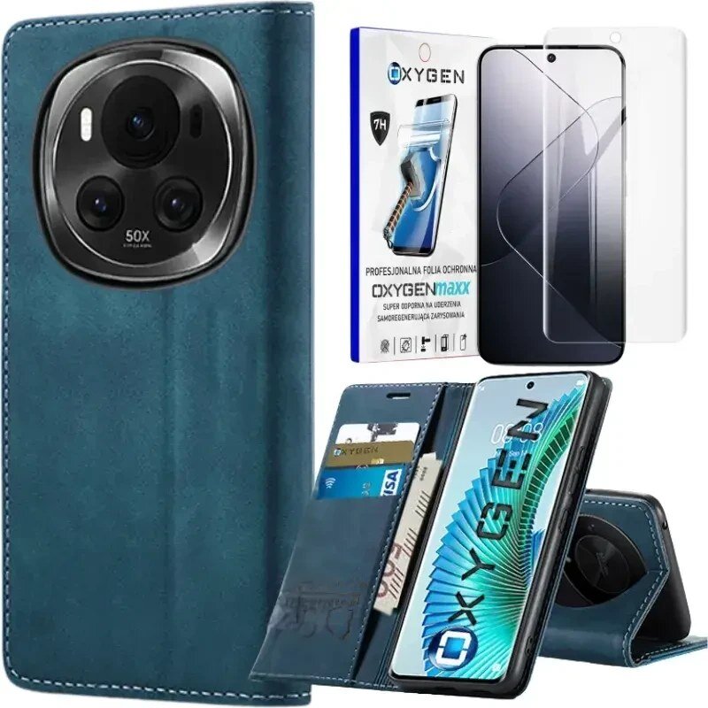 Na obrazie widoczne jest niebieskie etui na telefon z miejscem na karty oraz opakowanie z napisem \'OXYGEN maxx\'. Obok znajduje się przezroczysta folia ochronna na ekran.