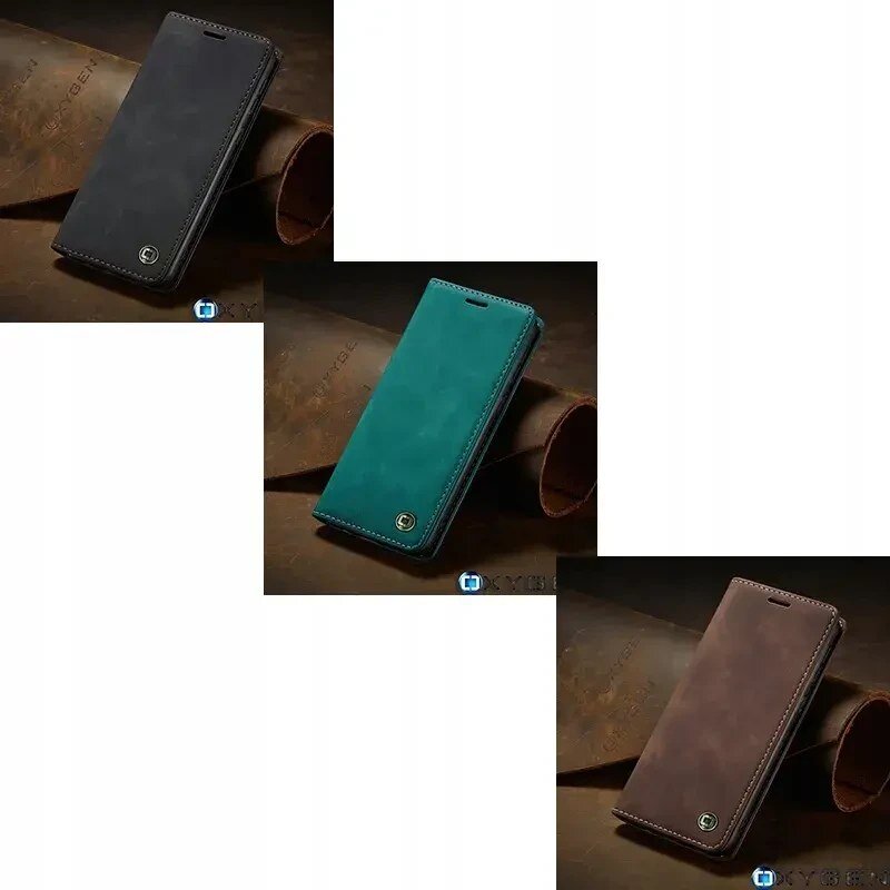 Trzy etui na telefon w różnych kolorach: czarnym, zielonym i brązowym, każde z logo OXYGEN w dolnym rogu. Etui są umieszczone na tle z brązowego materiału.