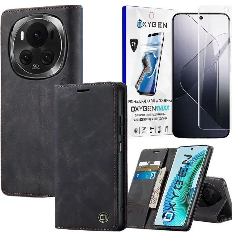 Obraz przedstawia czarne etui na telefon z widocznym aparatem fotograficznym oraz opakowanie z napisem \'OXYGEN maxx PROFESJONALNA FOLIA OCHRONNA\'. Obok znajduje się telefon z nałożoną folią ochronną i otwartym etui, w którym widać karty płatnicze.