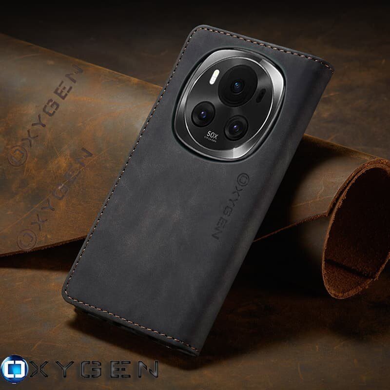 Na zdjęciu widoczne jest etui na telefon w kolorze ciemnym z wycięciem na aparat, na którym widnieje napis \'50X\'. Na etui oraz w tle znajduje się logo \'OXYGEN\'.